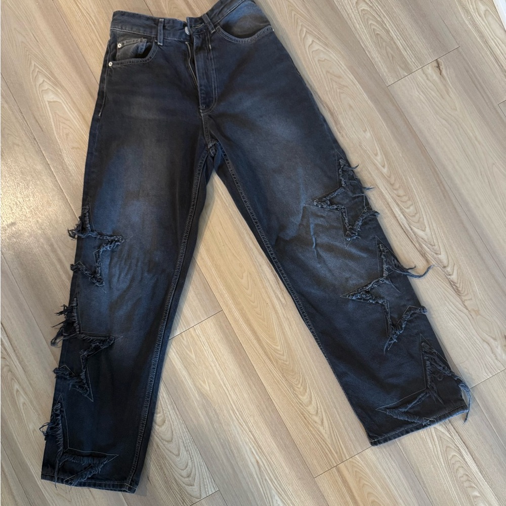 Bershka Men's Relaxed Fit Distressed Dark Jeans